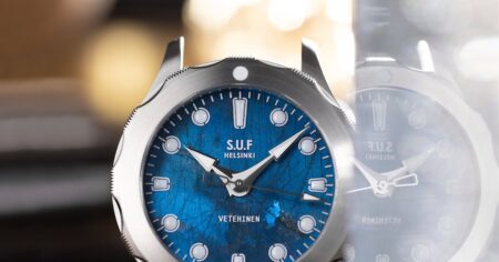 S.U.F Helsinki Vetehinen Blue Spectrolite Puts Finnish Stone in Focus S.U.F Helsinki Vetehinen Blue Spectrolite watch with Finnish blue spectrolite detail