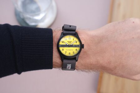 Seiko 5 Sports x Honda Motocompo Limited Edition with yellow dial and black-coated case