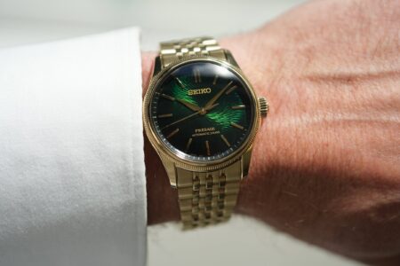 Seiko Presage Classic Series x Tradman’s Bonsai HCC009J1 with pine green textured dial and gold-tone case