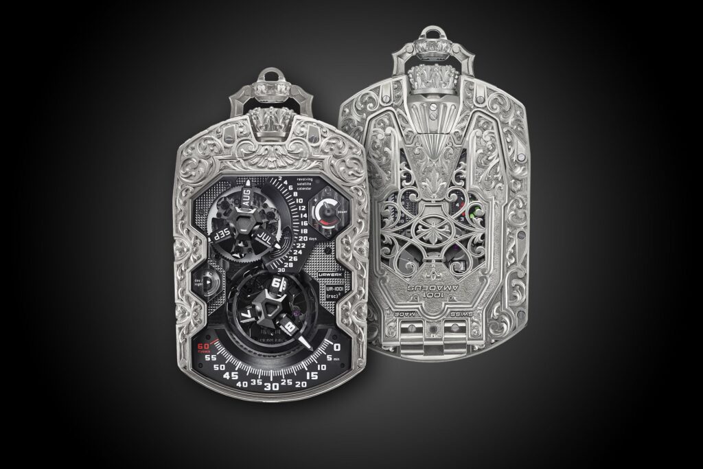 Urwerk Gives the UR-1001 Pocket Watch a Hand-Engraved Titanium Shell Urwerk UR-1001 Amadeus hand-engraved titanium pocket watch