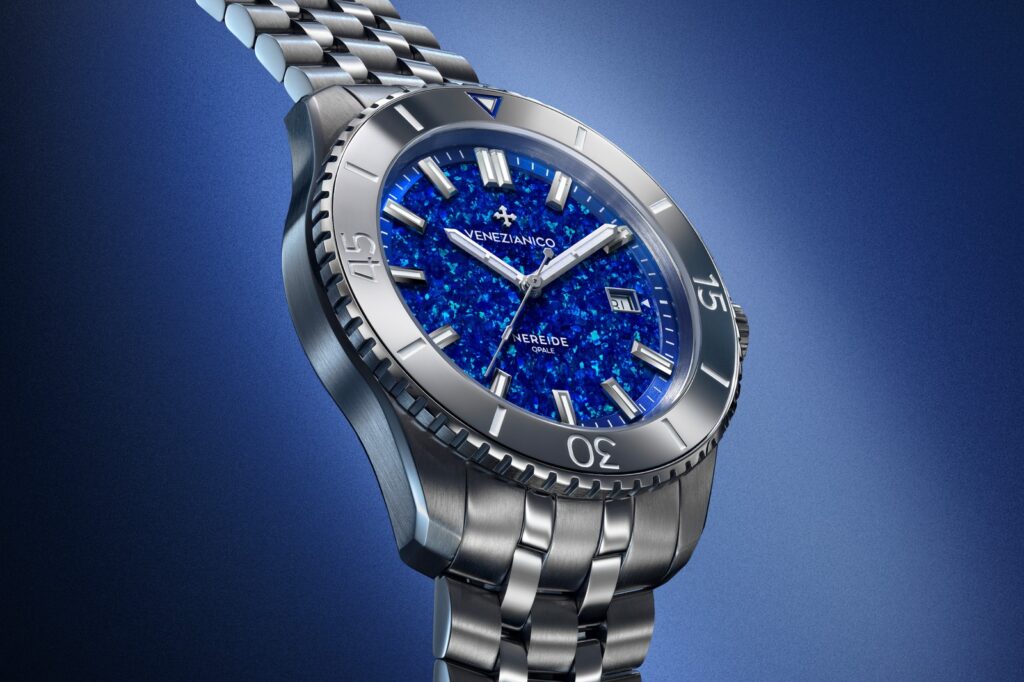 Venezianico Gives the Nereide a Vivid Lab-Grown Blue Opal Dial Venezianico Nereide Opale Blu watch with lab-grown blue opal dial on steel bracelet