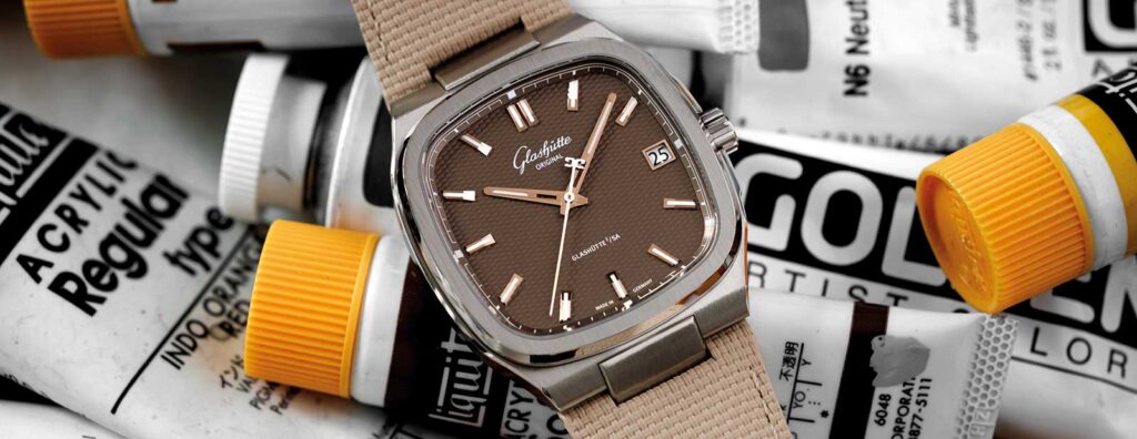 Glashütte Original 70s watch with a square television-shaped case and period-inspired dial