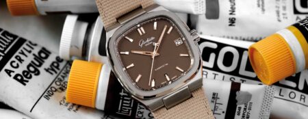 Glashütte Original 70s watch with a square television-shaped case and period-inspired dial