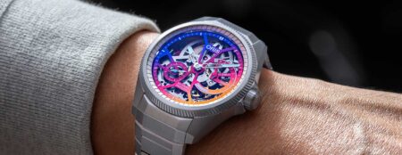 Oris Brings Gonzo the Great to the ProPilot X Oris ProPilot X Gonzo Edition with skeletonised gradient dial in blue red and yellow