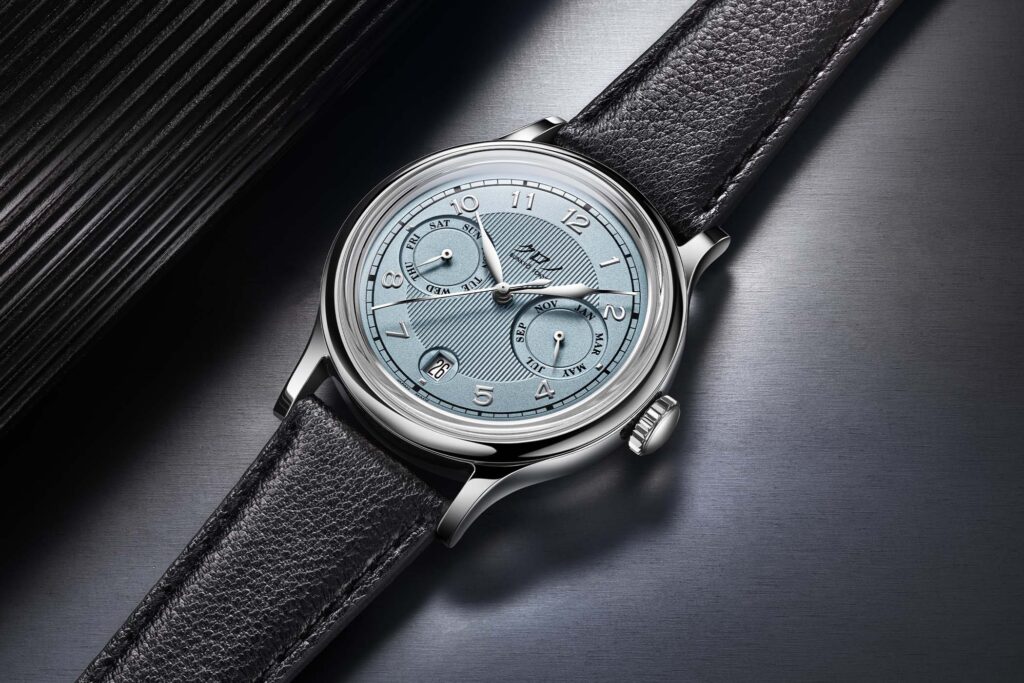 Kurono Tokyo Brings Saxe Blue to the Calendrier Kurono Tokyo Calendrier Small Batch Release Saxe Blue watch with polished steel case and black leather strap