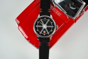 MeisterSinger Edition Route 66 watch with Mustang-inspired black dial and red-stitched leather strap