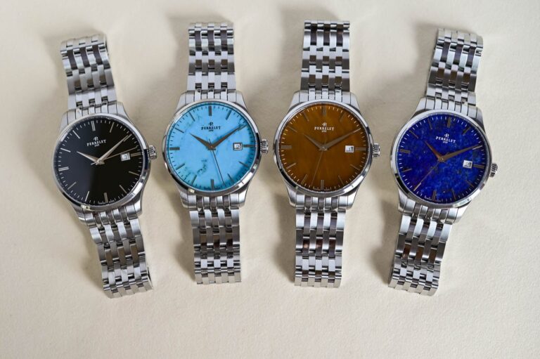 Perrelet Adds Four Natural Stone Dials to the Weekend Collection Perrelet Weekend natural stone dial watches in turquoise, lapis lazuli, tiger’s eye and black onyx