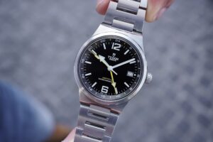 Tudor Northflag GMT with black dial, yellow GMT hand and stainless steel bracelet
