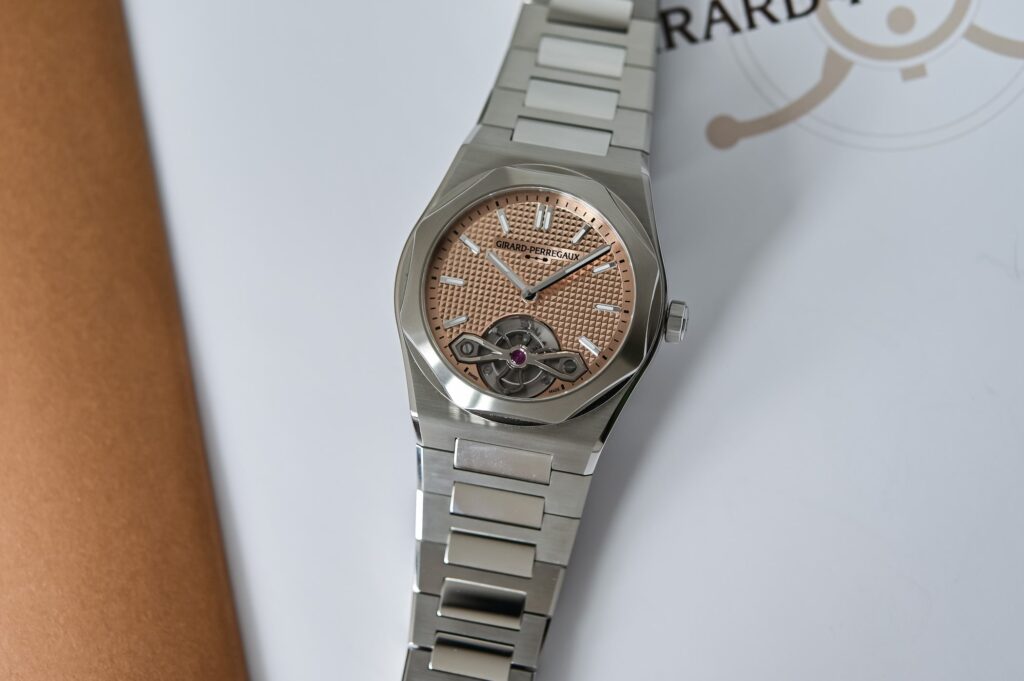 Girard-Perregaux Laureato Fifty Tourbillon Micro-Rotor 39mm with blue Clous de Paris dial and integrated steel bracelet