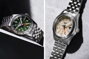 Seiko 5 Sports Field GMT watches in olive green and khaki beige dials on steel bracelets