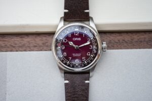 Oris Big Crown Pointer Date x Cervo Volante with burgundy dial and brown deer hide strap