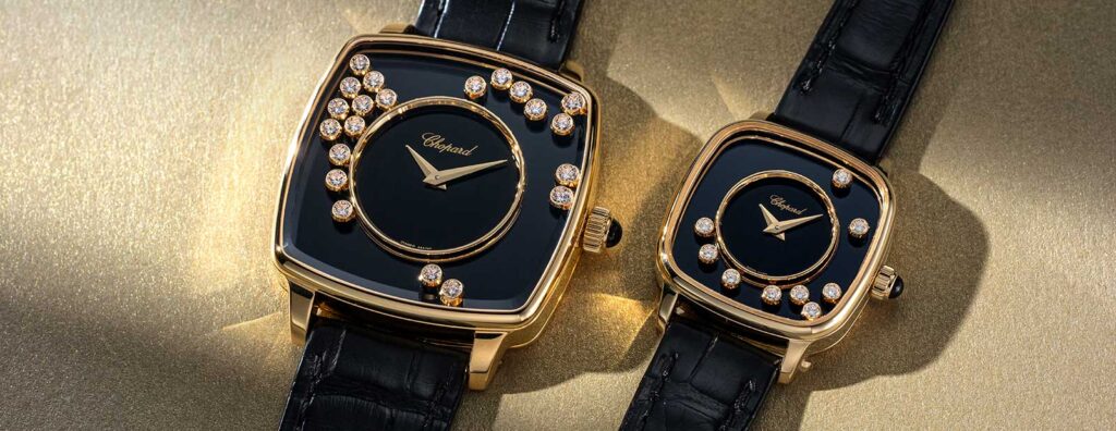 Chopard Happy Diamonds Heritage watch in yellow gold with black onyx dial and moving diamonds