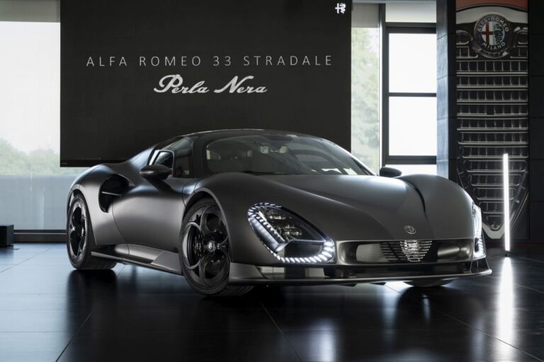 Alfa Romeo’s 33 Stradale Perla Nera Takes the Modern Supercar Into the Shadows Alfa Romeo 33 Stradale Perla Nera in matte black exposed carbon fibre