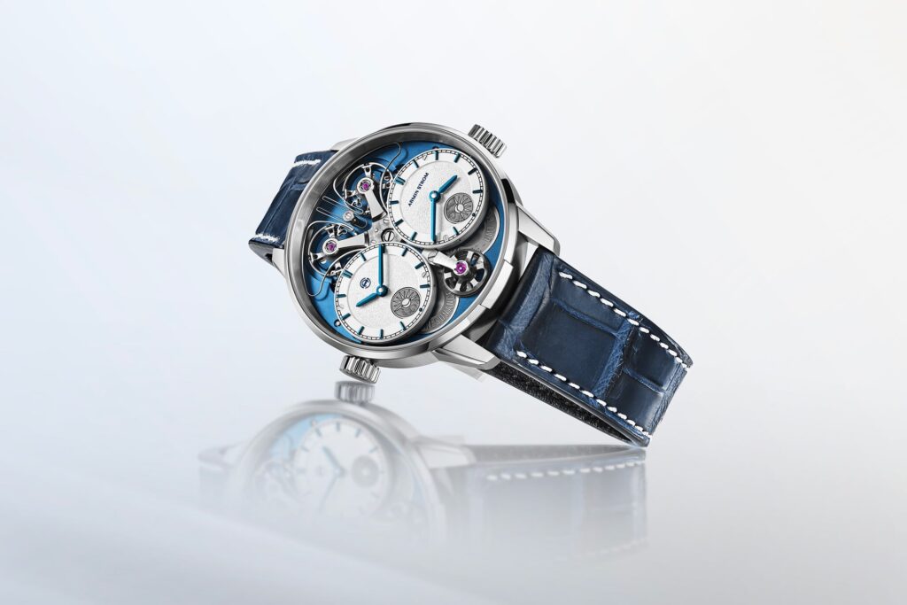 Armin Strom Dual Time GMT Resonance Manufacture Edition Blue with twin white dials and blue movement architecture