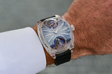 ArtyA Complexity Métiers d’Art watch with sapphire case and double inclined tourbillon