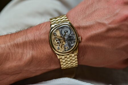 Berneron Mirage 38 Miroir asymmetrical gold dress watch with openworked mirrored movement dial