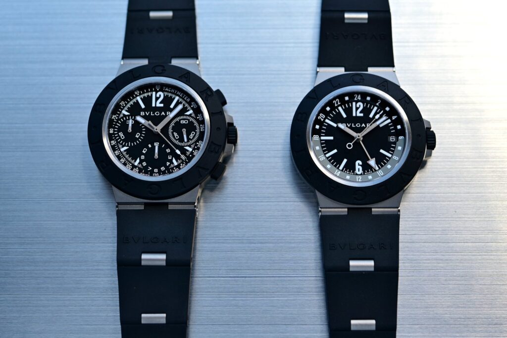 Bulgari Titanio GMT and Titanio Chronograph watches in grade 5 titanium with black rubber bezels