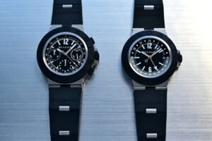 Bulgari Titanio GMT and Titanio Chronograph watches in grade 5 titanium with black rubber bezels