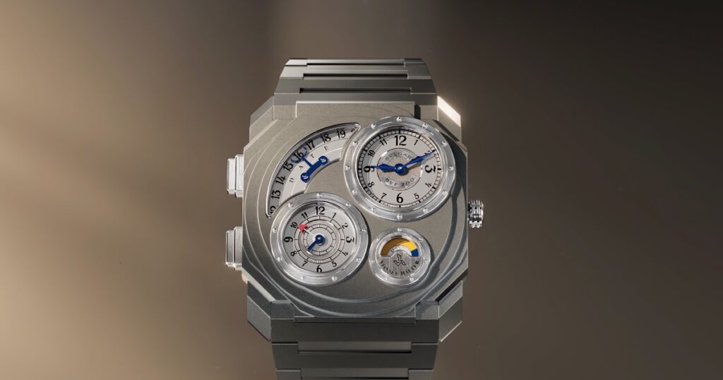 Bulgari and Vianney Halter Bring Dual Time Complexity to the Octo Finissimo Bulgari Octo Finissimo Dual Time Vianney Halter with four opaline displays