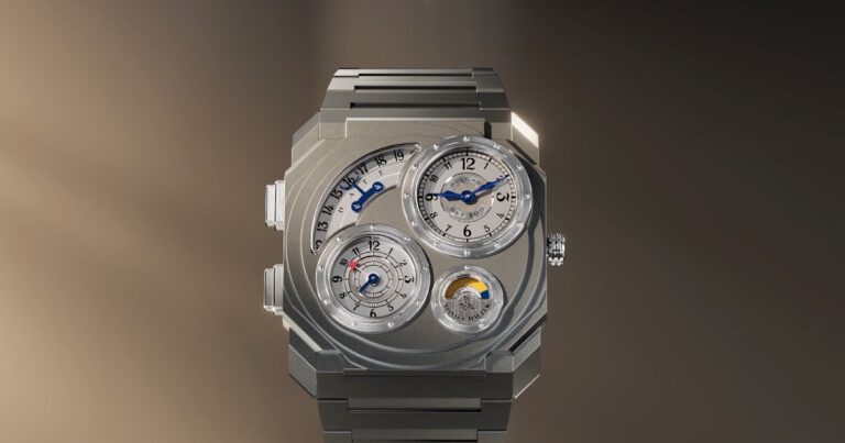 Bulgari and Vianney Halter Bring Dual Time Complexity to the Octo Finissimo Bulgari Octo Finissimo Dual Time Vianney Halter with four opaline displays