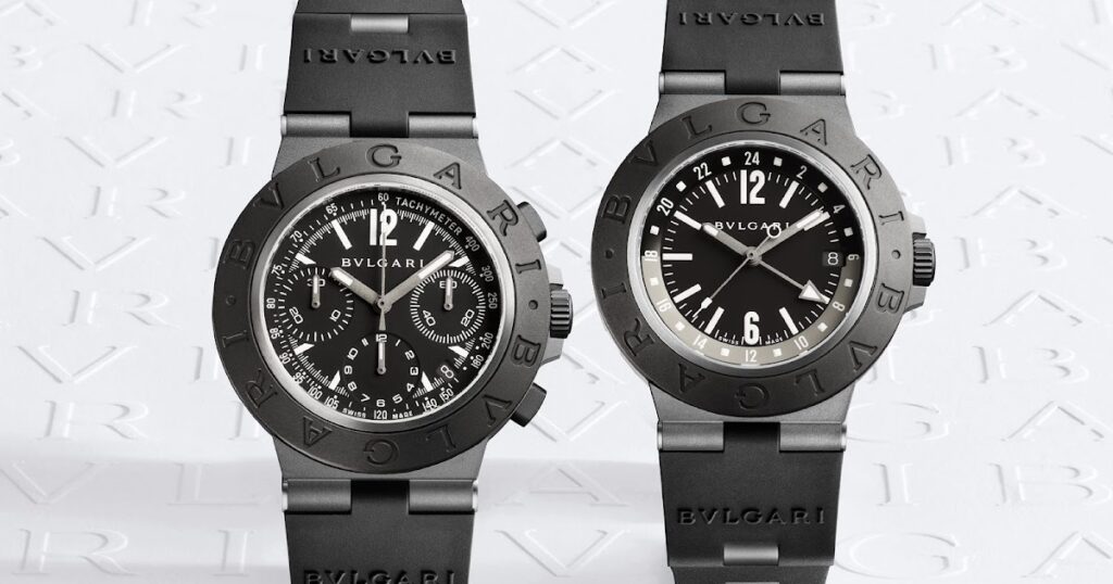 Bulgari Titanio GMT and Chronograph Bring a Darker Sport Line to the Wrist Bulgari Titanio GMT and Titanio Chronograph watches in titanium with black rubber straps