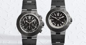 Bulgari Titanio GMT and Titanio Chronograph watches in titanium with black rubber straps