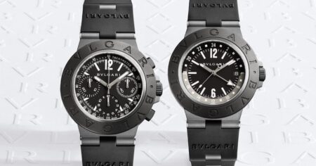 Bulgari Titanio GMT and Chronograph Bring a Darker Sport Line to the Wrist Bulgari Titanio GMT and Titanio Chronograph watches in titanium with black rubber straps