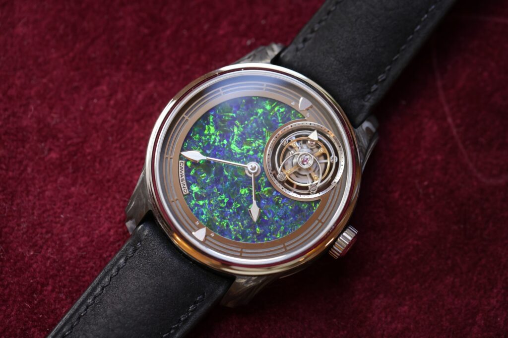 Cavasino DCT-02 Carbon Opal tourbillon watch with Australian opal dial and forged carbon case