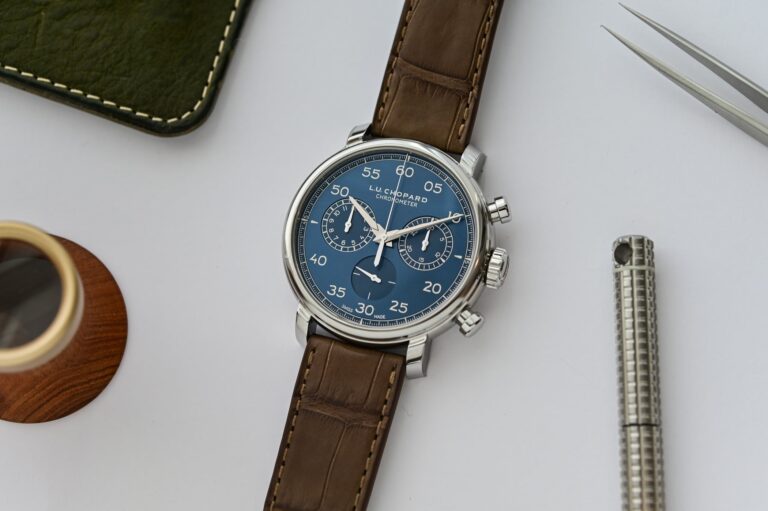 Chopard’s L.U.C 1963 Heritage Chronograph Turns to Prussian Blue Chopard L.U.C 1963 Heritage Chronograph Prussian Blue with brown alligator strap