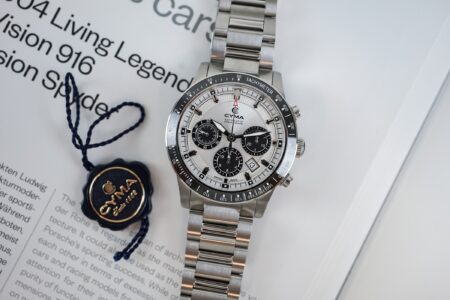 Cyma Grand Maestro Steel Cross Chronograph with panda dial and stainless steel bracelet