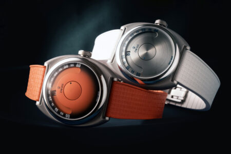 DWISS S1 15th Anniversary Orange and Silver wandering-hours watches
