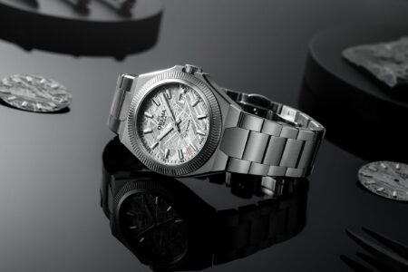Delma Midland Meteorite Automatic with integrated stainless steel bracelet and meteorite dial