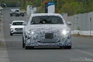 Camouflaged Mercedes-AMG electric E-Class prototype testing near the Nürburgring