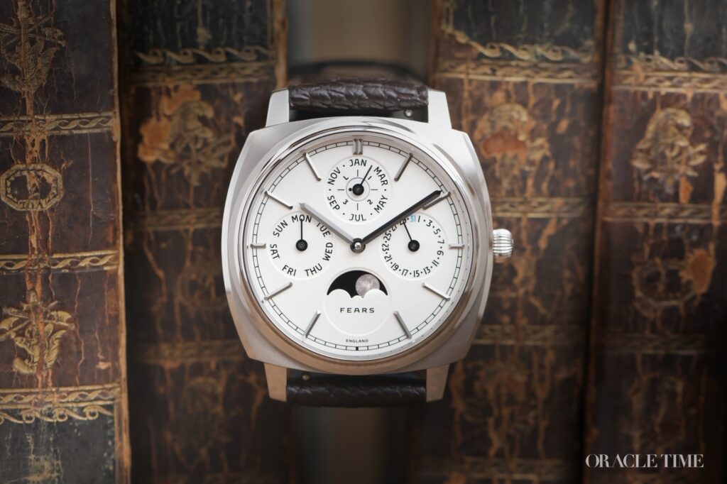 Fears Enters the Perpetual Calendar Arena With the Brunswick 39 Fears Brunswick 39 Perpetual Calendar with silver dial and black moonphase display