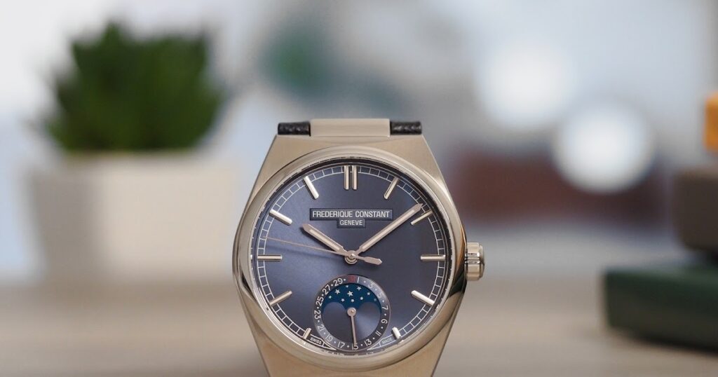 Frederique Constant Highlife Moonphase Date Manufacture with blue and rosé champagne dials