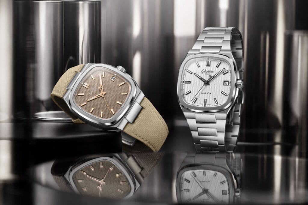 Glashütte Original 70s Collection integrated sports watch with square stainless steel case and textured dial