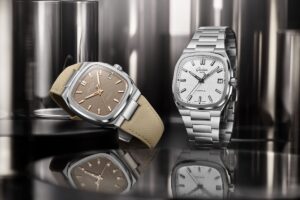 Glashütte Original 70s Collection integrated sports watch with square stainless steel case and textured dial