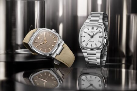 Glashütte Original 70s Collection integrated sports watch with square stainless steel case and textured dial