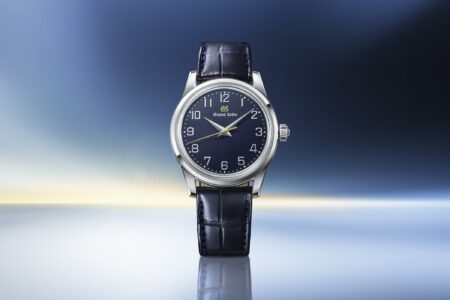 Grand Seiko Elegance SBGW325 with deep navy dial and raised Arabic numerals