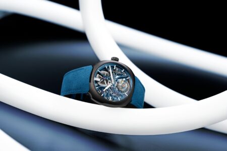 H. Moser & Cie Brings Ceramic to the Streamliner Tourbillon Skeleton Alpine H. Moser & Cie Streamliner Tourbillon Skeleton Ceramic Alpine Limited Edition with grey ceramic case and blue strap