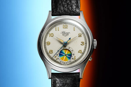 The Heuer Solunar Was Jack Heuer’s First Great Problem Watch Vintage Heuer Solunar wristwatch with tide display aperture on the dial