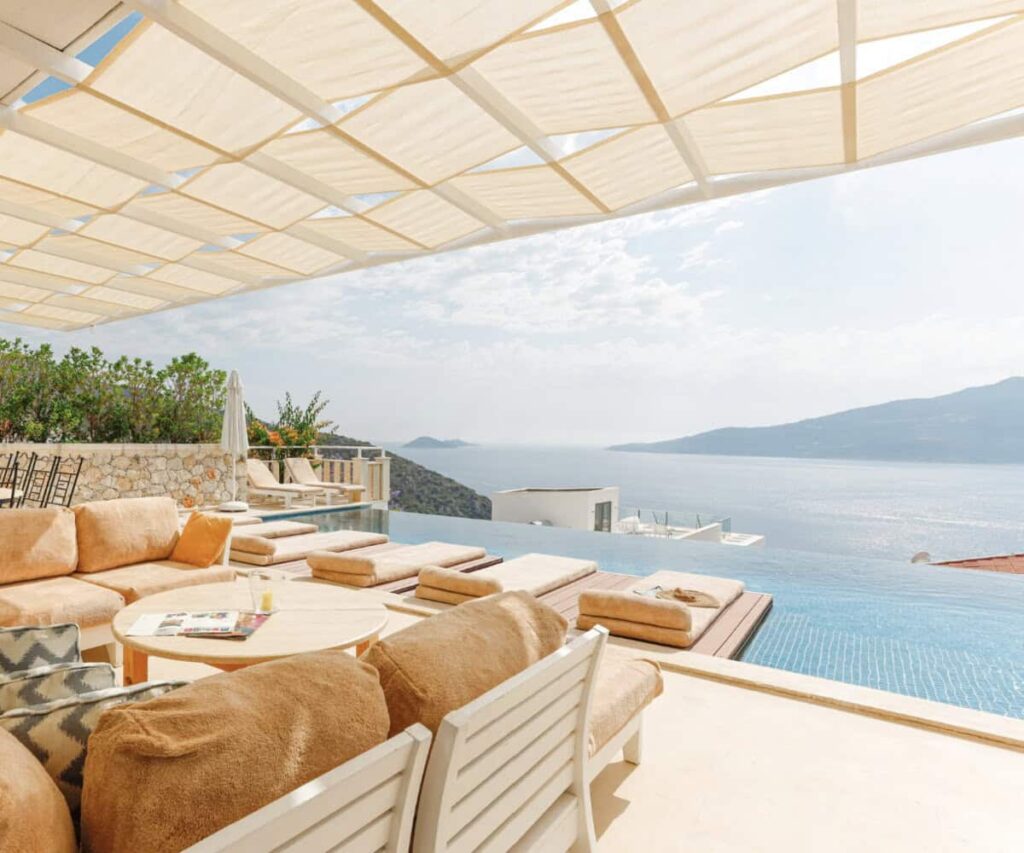 Privadia Brings Turnkey Villa Travel to the Balearics, Mykonos and Kalkan Luxury Mediterranean villa terrace with pool overlooking the sea at golden hour