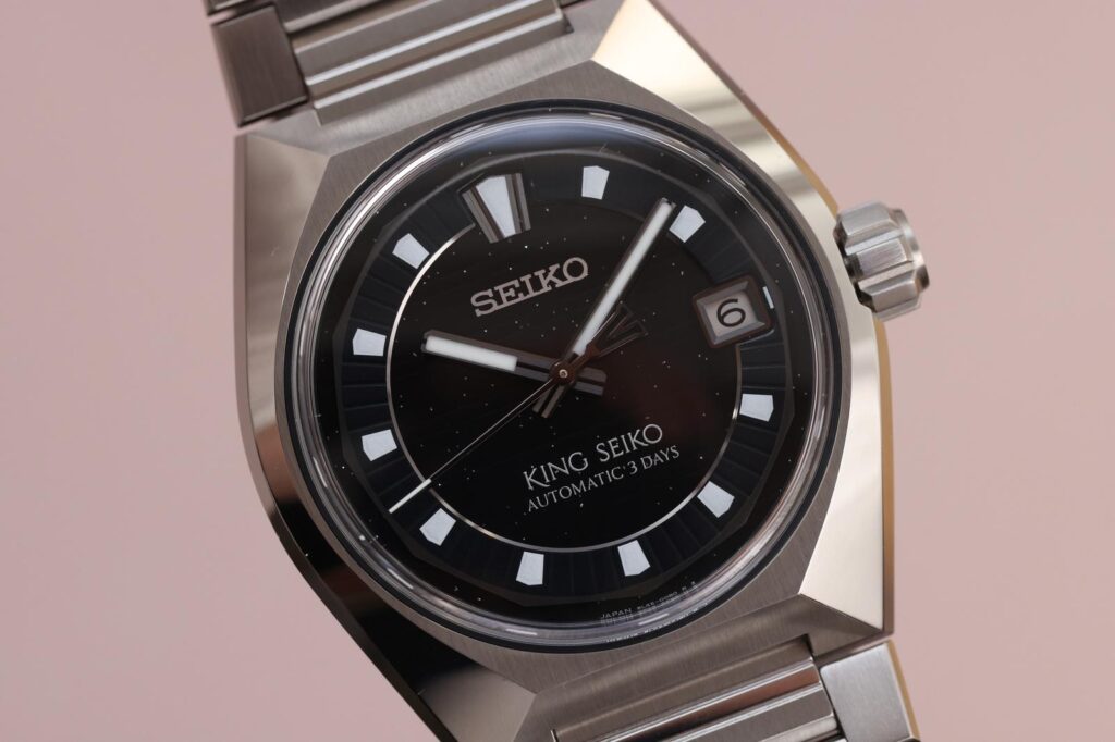 King Seiko VANAC Cosmic Tokyo watch with black sparkling dial and stainless steel integrated bracelet