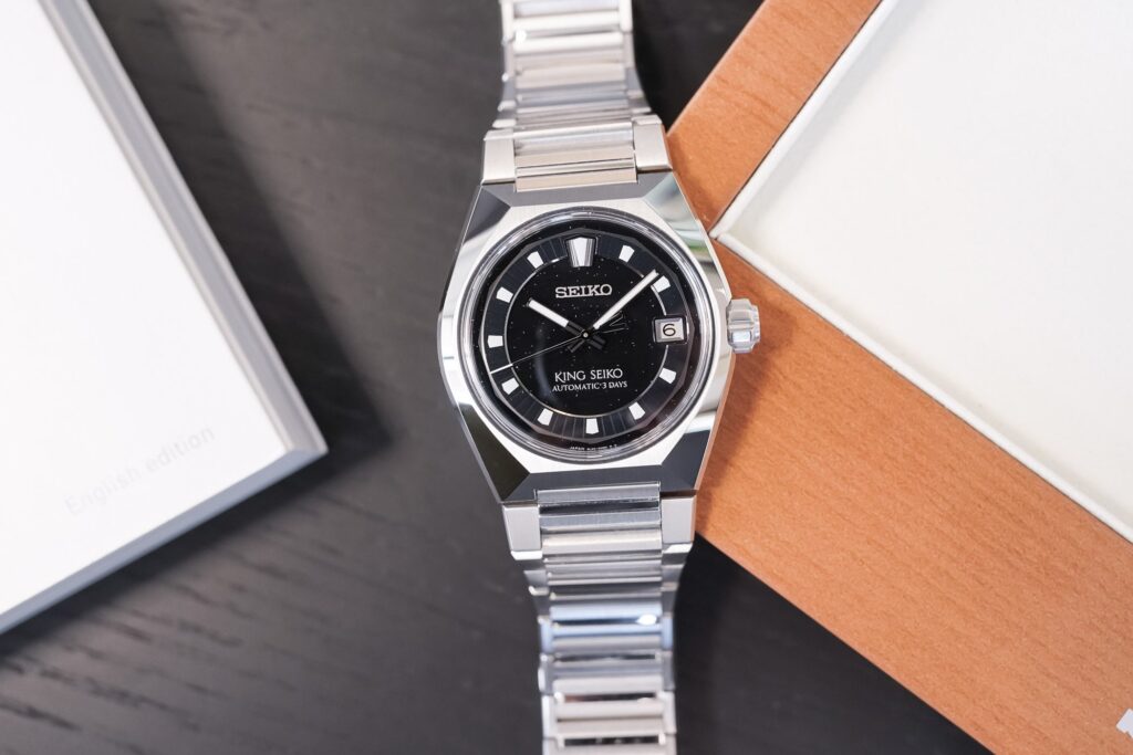 King Seiko Vanac HKF005 with dark glitter-effect Tokyo night dial on integrated steel bracelet