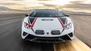 Lamborghini supercar on a rugged gravel road in a Sterrato-inspired setting