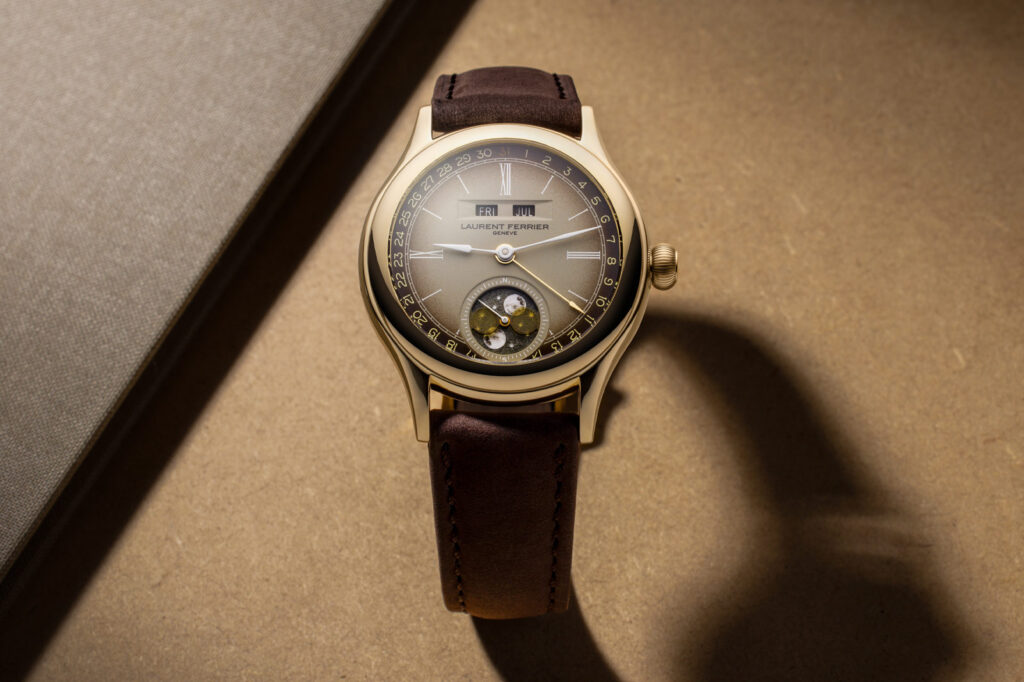 Laurent Ferrier Classic Moon Dusk captures golden hour in yellow gold Laurent Ferrier Classic Moon Dusk in yellow gold with brown gradient dial and moonphase display