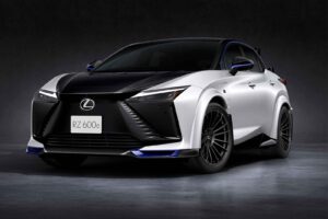 Lexus RZ600e F Sport Performance electric SUV in Neutrino Grey with carbon aero kit