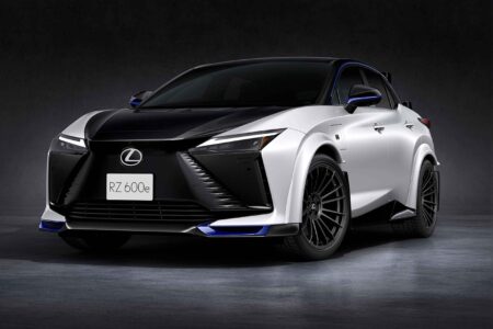 Lexus RZ600e F Sport Performance electric SUV in Neutrino Grey with carbon aero kit