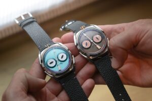 Louis Erard x Konstantin Chaykin Unfrogettable watches in turquoise and brown with frog-inspired regulator dials