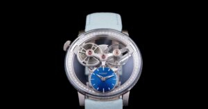 MB&F SP One Pavée watch with diamond-set frame around a floating movement